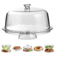 Versatile six in one cake stand made of clear acrylic. 12 inch diameter. Besides a cake stand, it can be used for salads, dips and tid bits, and for trifles. CLICK HERE FOR MORE DETAILS.