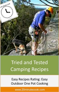 Easy Camping Recipes Infographic of man about to abseil with dog in background