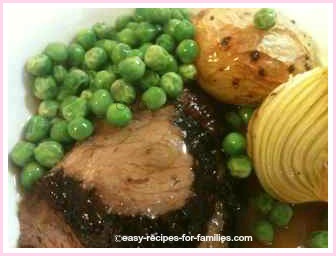 easy roast beef served with roast veg and peas