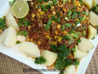 Ground Beef Salad Tossed with Corn, chick peas, tomatoes and simply boiled potatoes