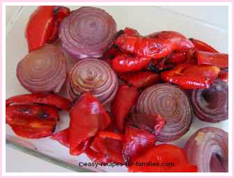 sweet roasted onions and red bell peppers