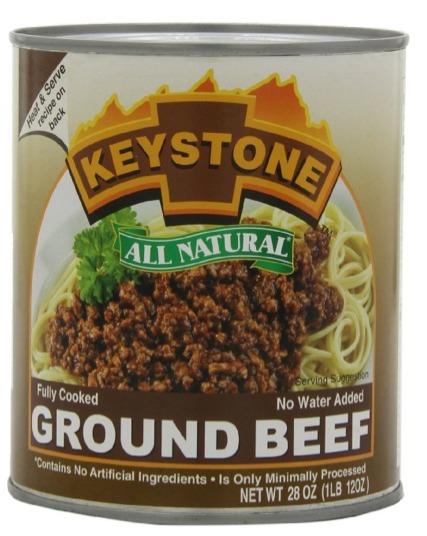 Keystone Ground Beef - Cooked and ready to eat. In a 28 ounce can.