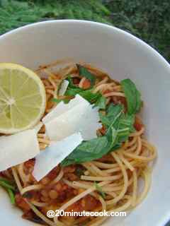 Lentil Spaghetti tossed with freshly shaved Parmesan Cheese and roughly chopped mint.