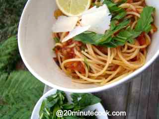 Veg and lentil spaghetti with roughly chopped up mint