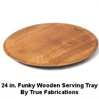 True Fabrications Wooden Serving Tray made from used wine oak barrels. (Used in wine production for 20 to 5 years). 24 inch diameter. CLICK HERE FOR MORE DETAILS.