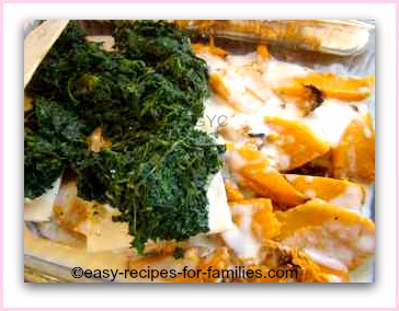 layers in this easy lasagne of pumpkin, spinach and white sauce