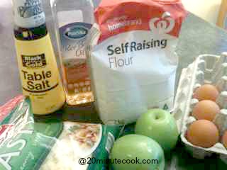 Ingredients for this homemade bread recipe - an apple and cheesy loaf