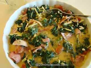 Quiche ingredients now mixed and ready to be baked.