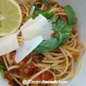 Lentil and veg spaghetti dressed with freshly shaved parmesan and chopped mint